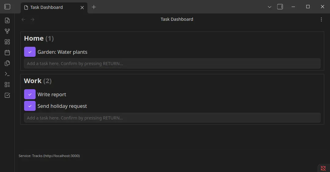 Basic layout of the task dashboard