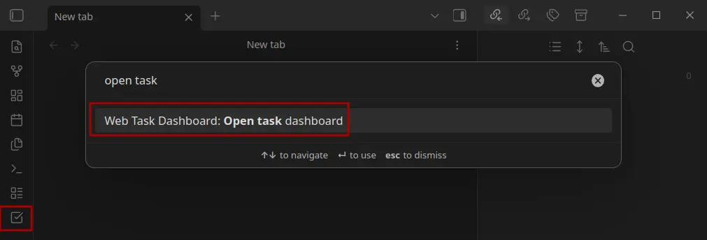 Screenshot of obsidian to open the dashboard via command or button